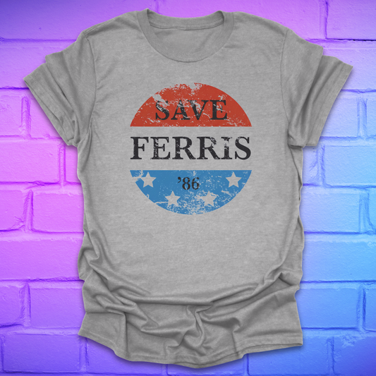 Gray t-shirt with 'Save Ferris' graphic design on a brick wall background