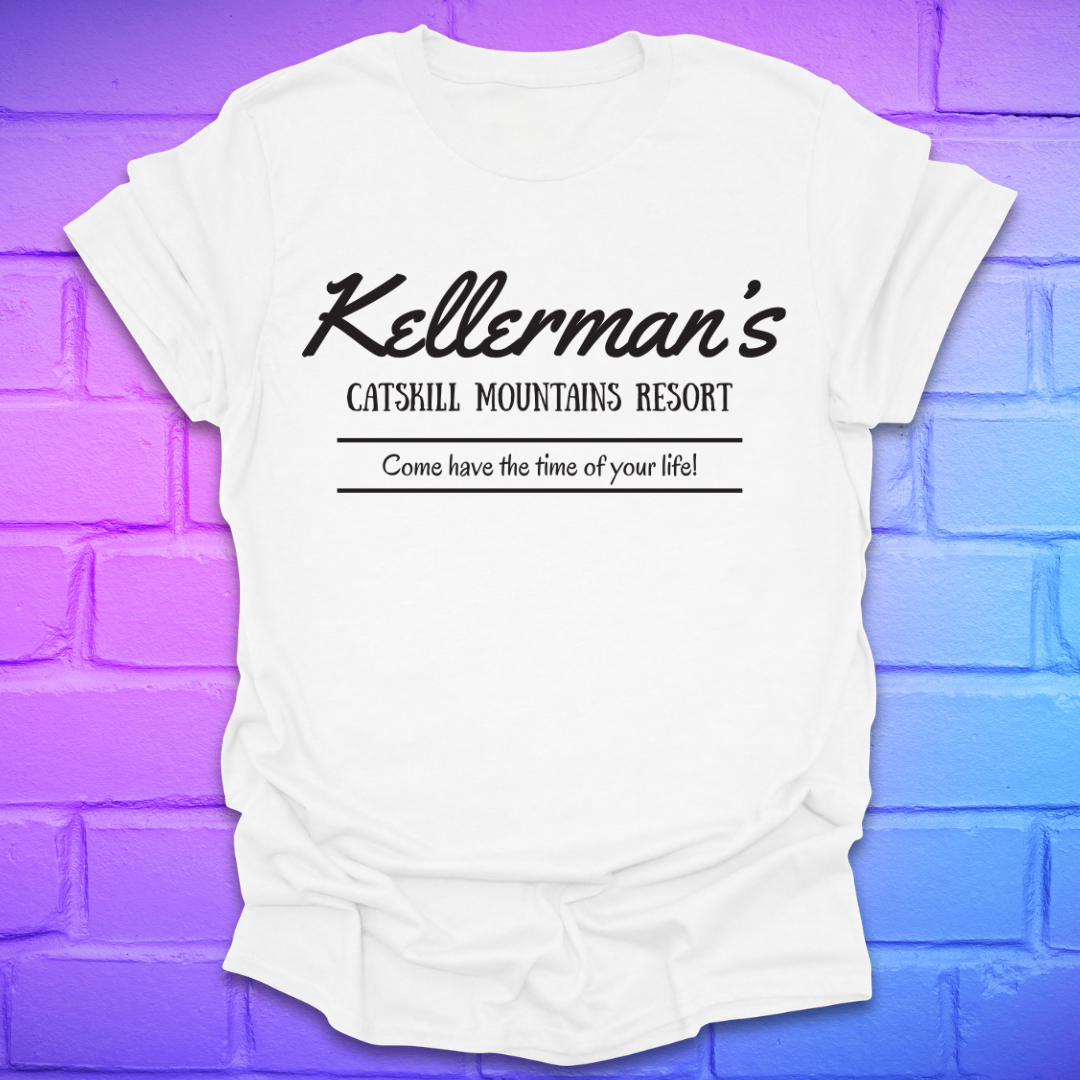 White t-shirt with white text, "kellerman's Resort' on a brick wall background