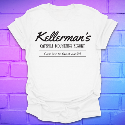 White t-shirt with white text, "kellerman's Resort' on a brick wall background