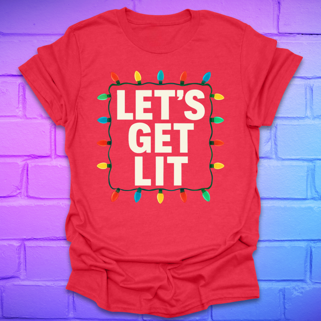 Red t-shirt with 'LET'S GET LIT' text and Christmas lights on a brick wall background