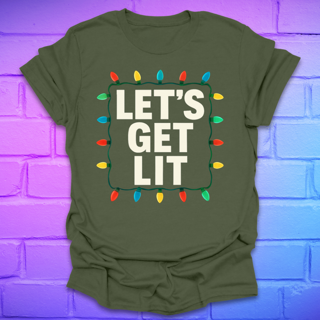 Green t-shirt with 'LET'S GET LIT' text and Christmas lights design on a colorful brick wall background