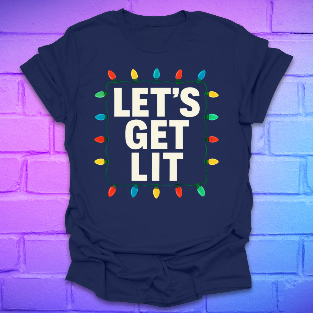 Navy blue t-shirt with 'LET'S GET LIT' text and colorful lights on a brick wall background