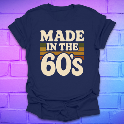 Navy blue t-shirt with 'Made in the 60's' text on a brick wall background