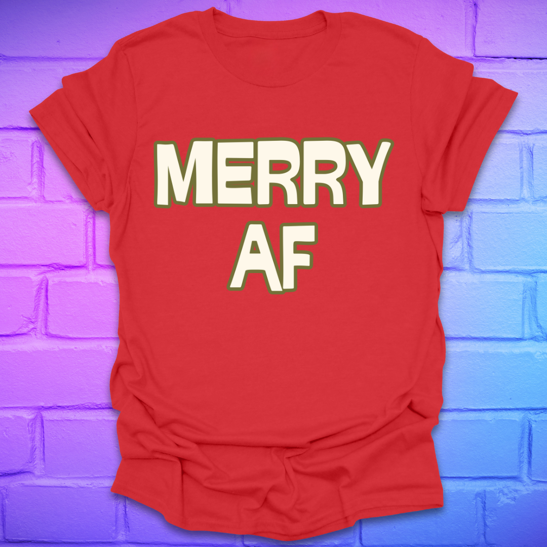 Red t-shirt with 'MERRY AF' text on a colorful brick wall background