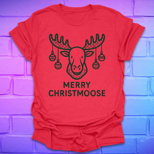 Red t-shirt with a moose graphic and 'Merry Christmoose' text on a brick wall background