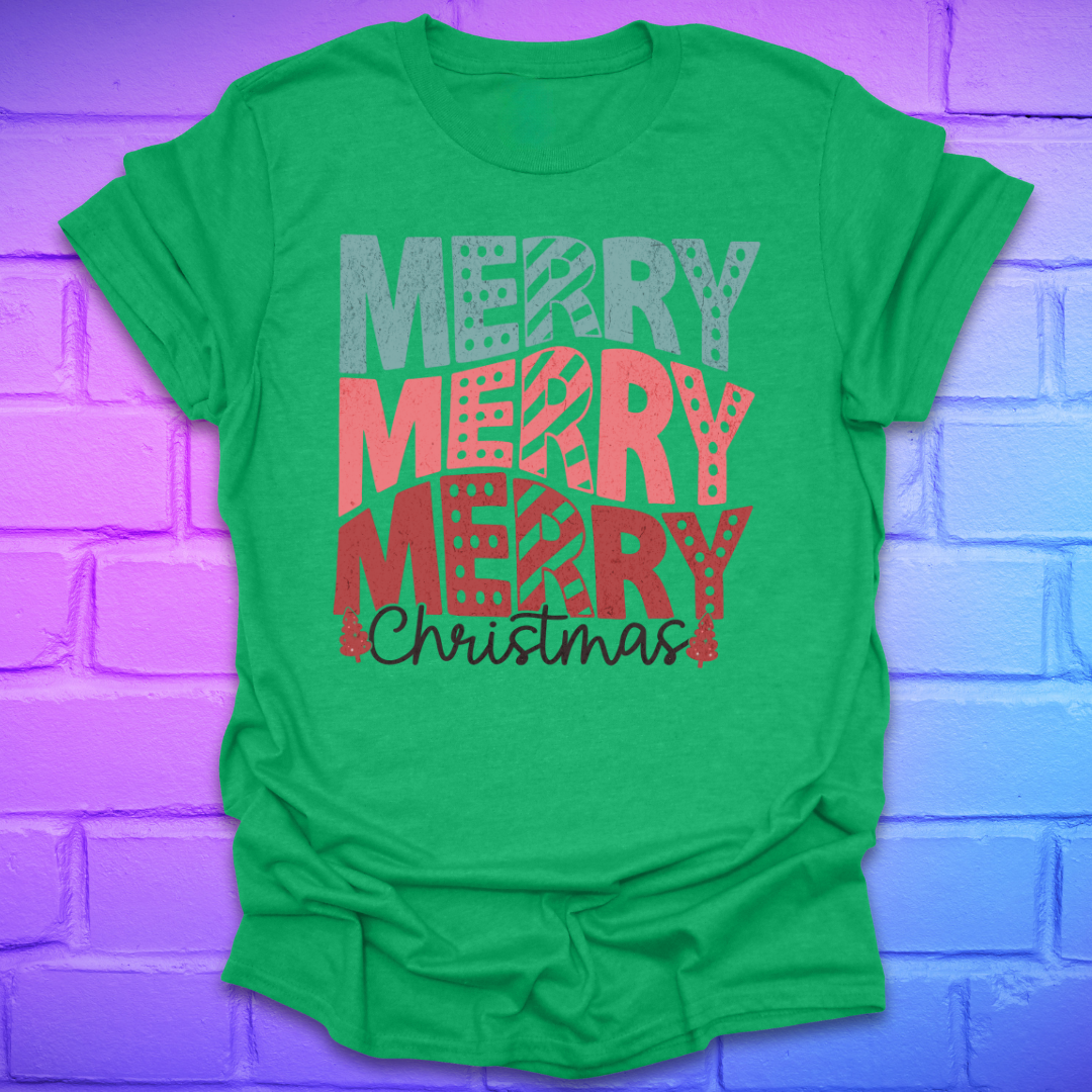 Green t-shirt with 'Merry Christmas' text on a purple brick wall background