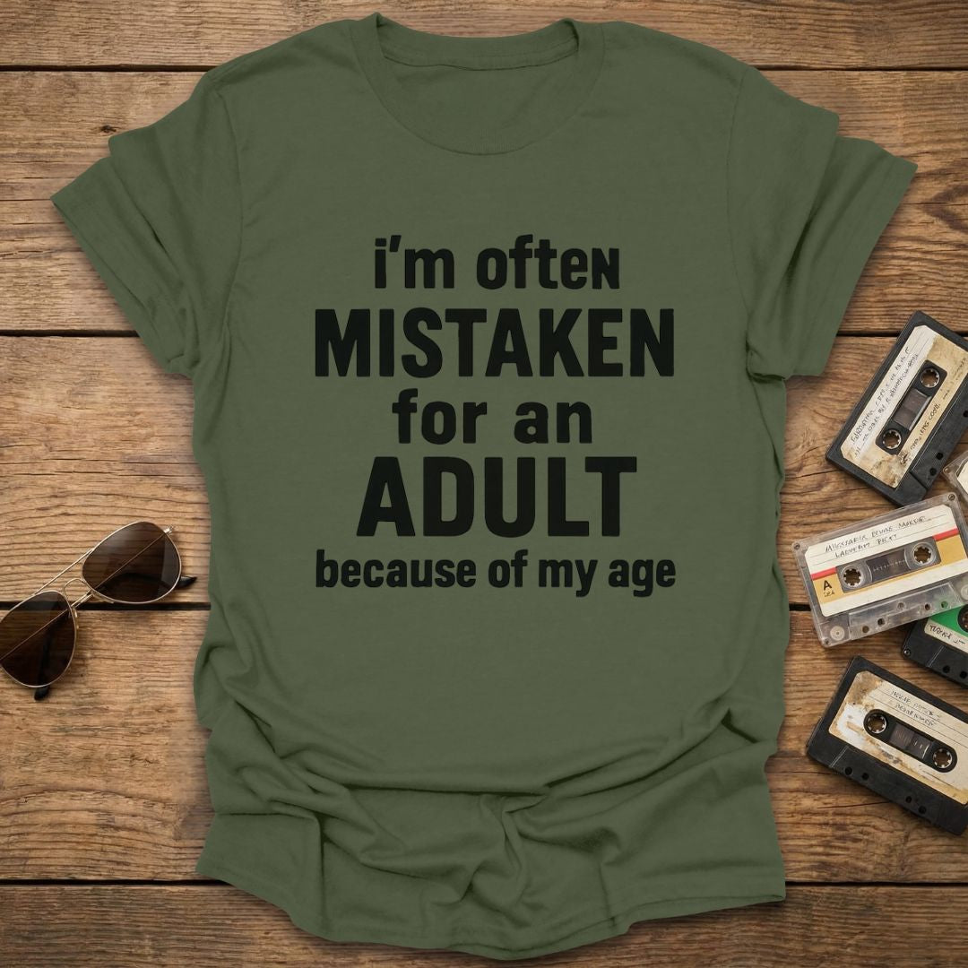 Green t-shirt with humorous text on a wooden surface with sunglasses and cassettes.