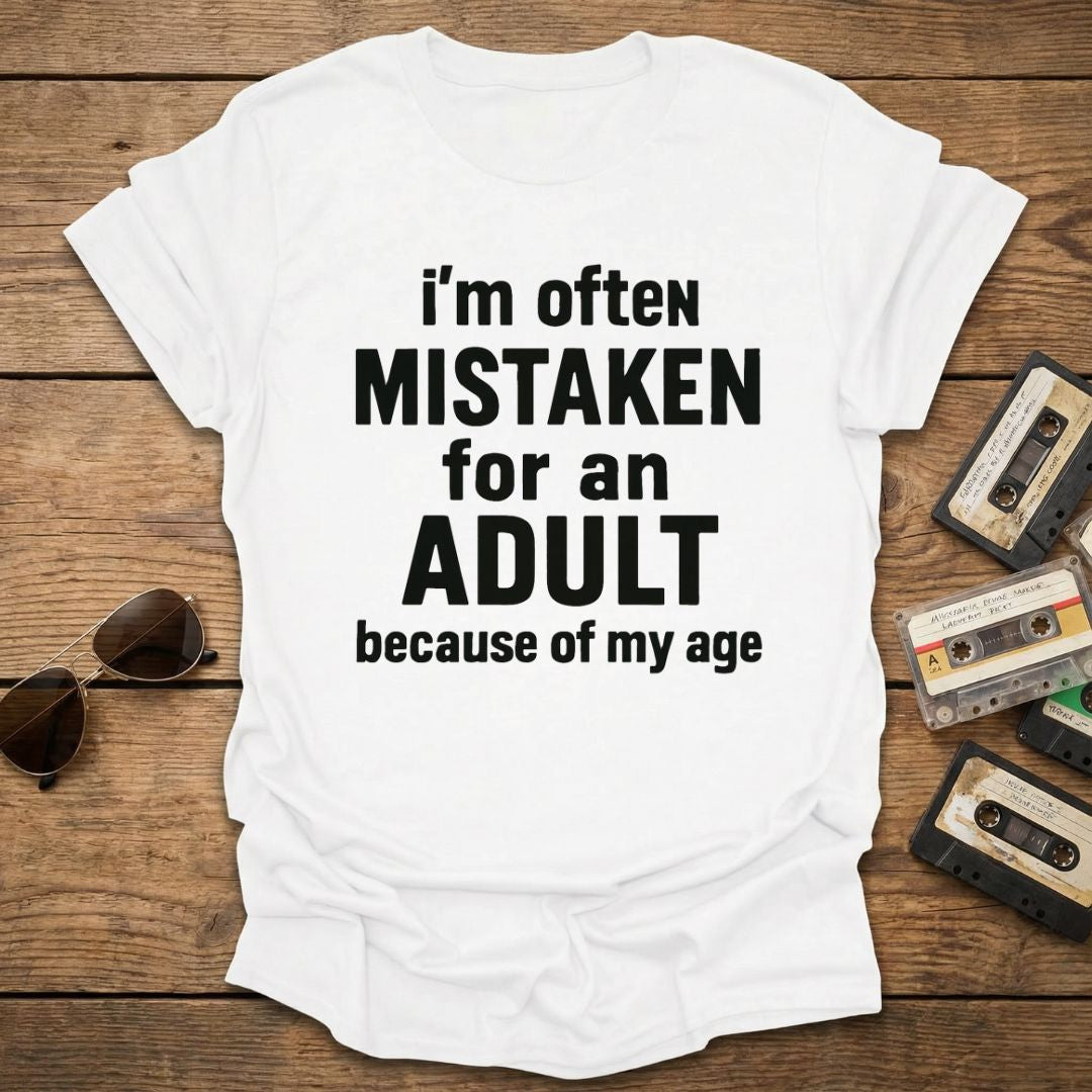 White t-shirt with humorous text on a wooden surface with vintage cassettes and sunglasses.