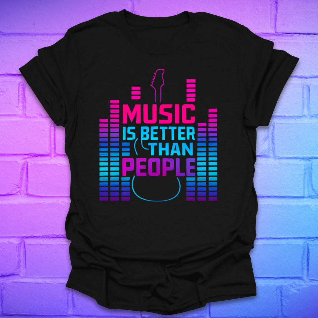 Black t-shirt with text, 'music is better than people' with neon colored guitar and amp volume indicators on a brick background.