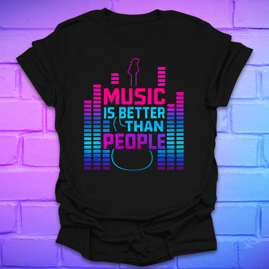 Black t-shirt with text, 'music is better than people' with neon colored guitar and amp volume indicators on a brick background.