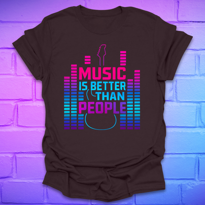 Brown t-shirt with text, 'music is better than people' with neon colored guitar and amp volume indicators on a brick background.