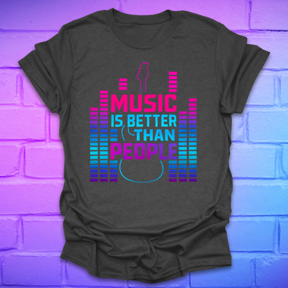 Grey t-shirt with text, 'music is better than people' with neon colored guitar and amp volume indicators on a brick background.