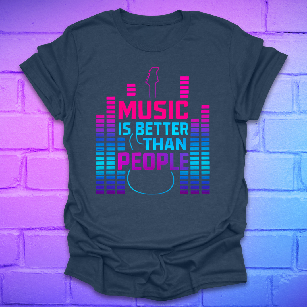 Blue t-shirt with text, 'music is better than people' with neon colored guitar and amp volume indicators on a brick background.