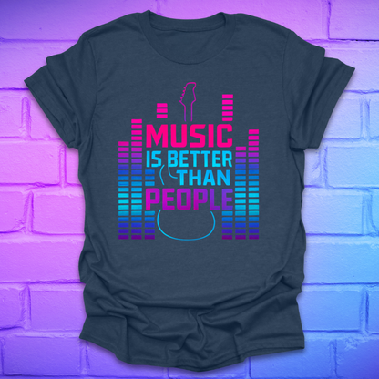 Blue t-shirt with text, 'music is better than people' with neon colored guitar and amp volume indicators on a brick background.
