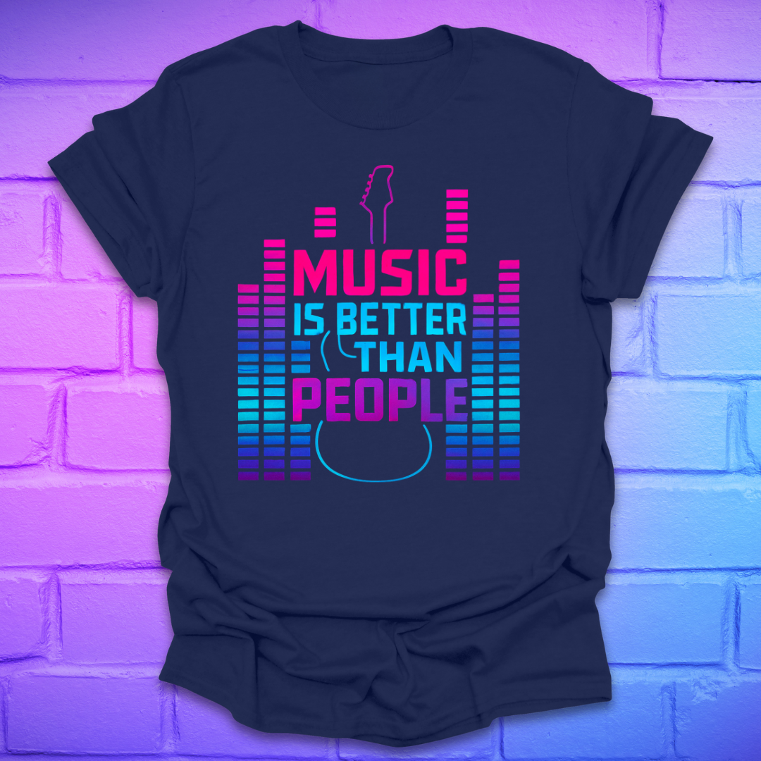 Navy blue t-shirt with text, 'music is better than people' with neon colored guitar and amp volume indicators on a brick background.