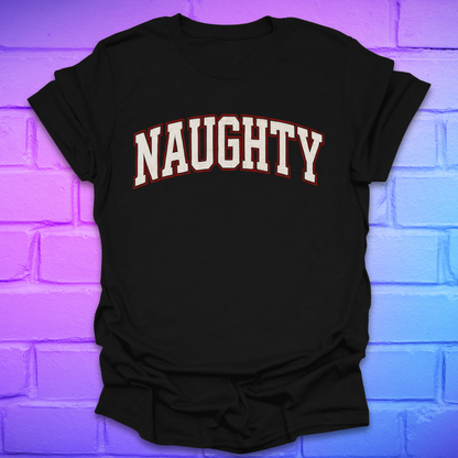 Black t-shirt with 'NAUGHTY' text on a brick wall background