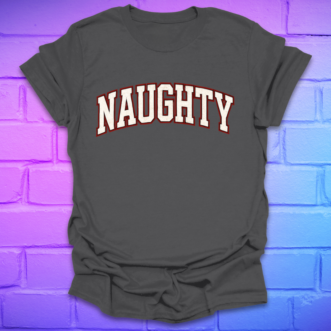 Gray t-shirt with 'NAUGHTY' text on a brick wall background