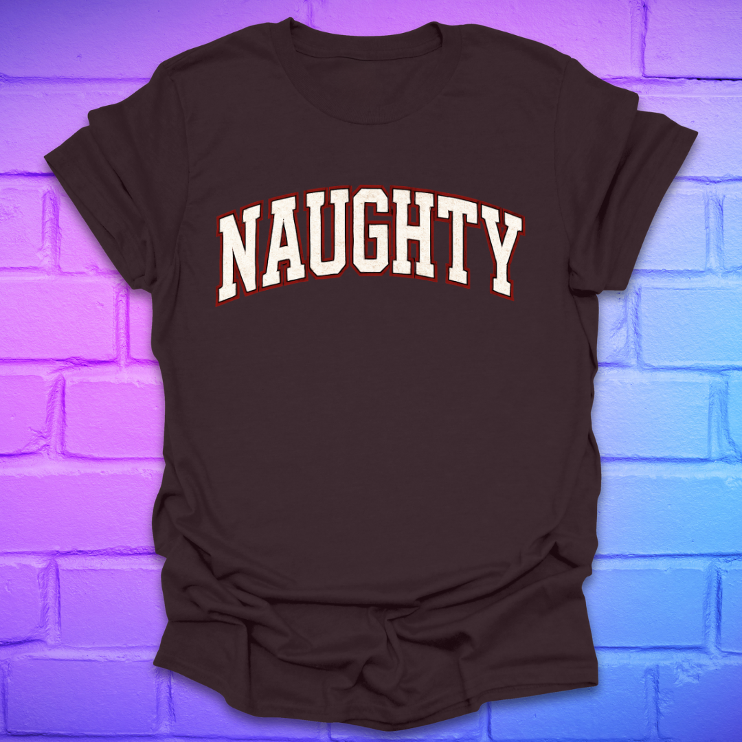 Brown t-shirt with 'NAUGHTY' text on a brick wall background