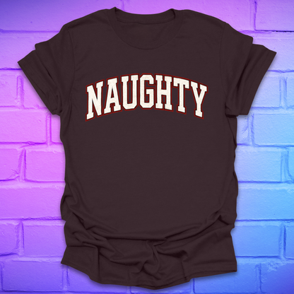 Brown t-shirt with 'NAUGHTY' text on a brick wall background