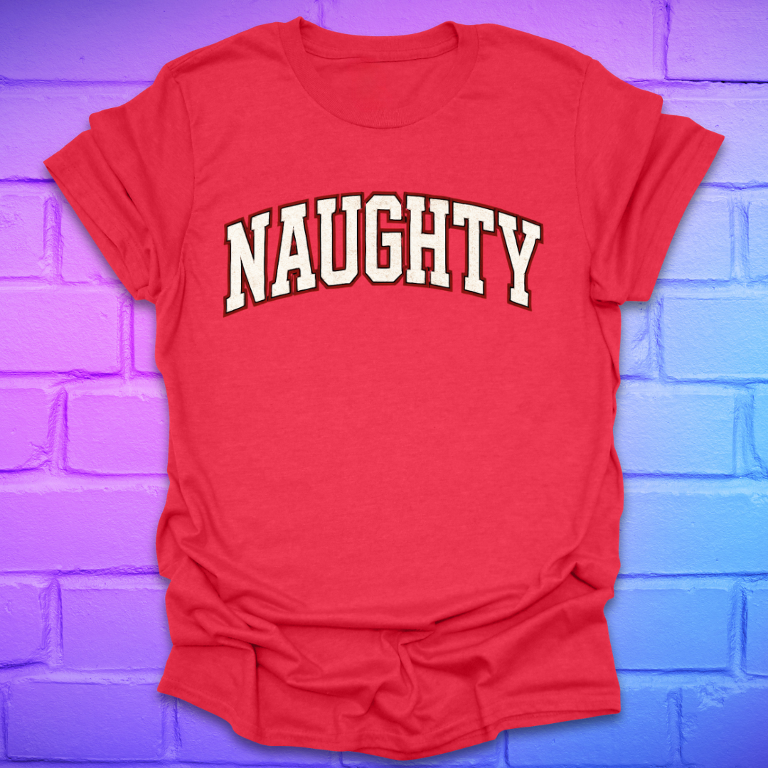 Red t-shirt with 'NAUGHTY' text on a brick wall background