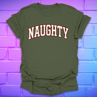 Green t-shirt with 'NAUGHTY' text on a brick wall background