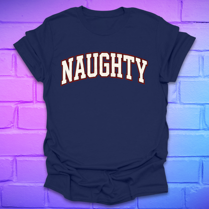 Navy blue t-shirt with 'NAUGHTY' text on a brick wall background