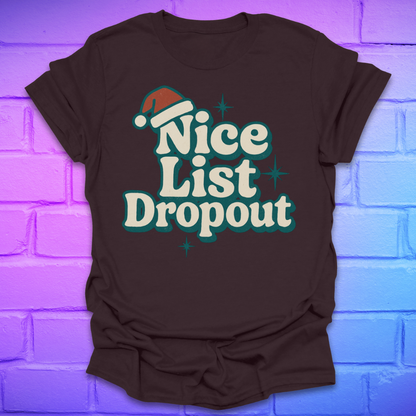 Brown t-shirt with 'Nice List Dropout' text and Santa hat graphic on a brick wall background