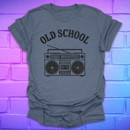 Heather indigo t-shirt with 'Old School' and boombox graphic on a brick wall background