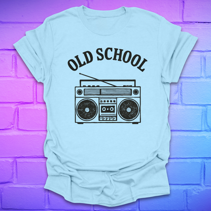 Light blue t-shirt with 'Old School' and boombox graphic on a brick wall background