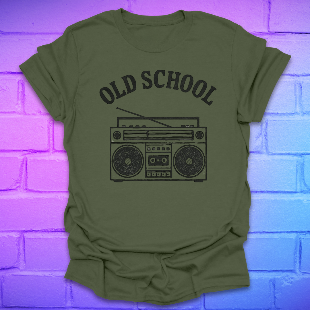 Green t-shirt with 'Old School' and boombox graphic on a brick wall background