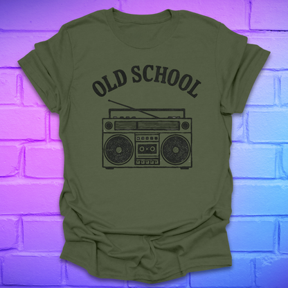 Green t-shirt with 'Old School' and boombox graphic on a brick wall background