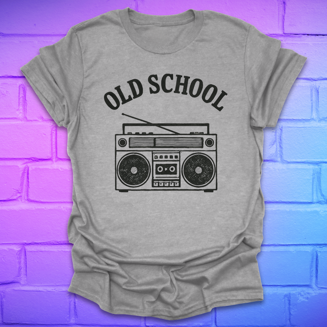 Gray t-shirt with 'Old School' and boombox graphic on a brick wall background