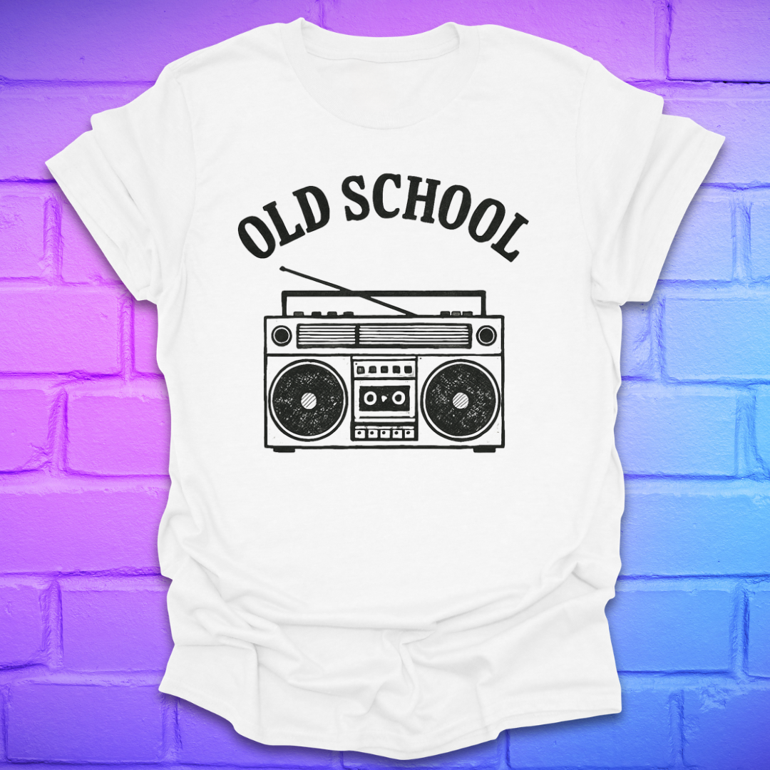 White t-shirt with 'Old School' and boombox graphic on a brick wall background