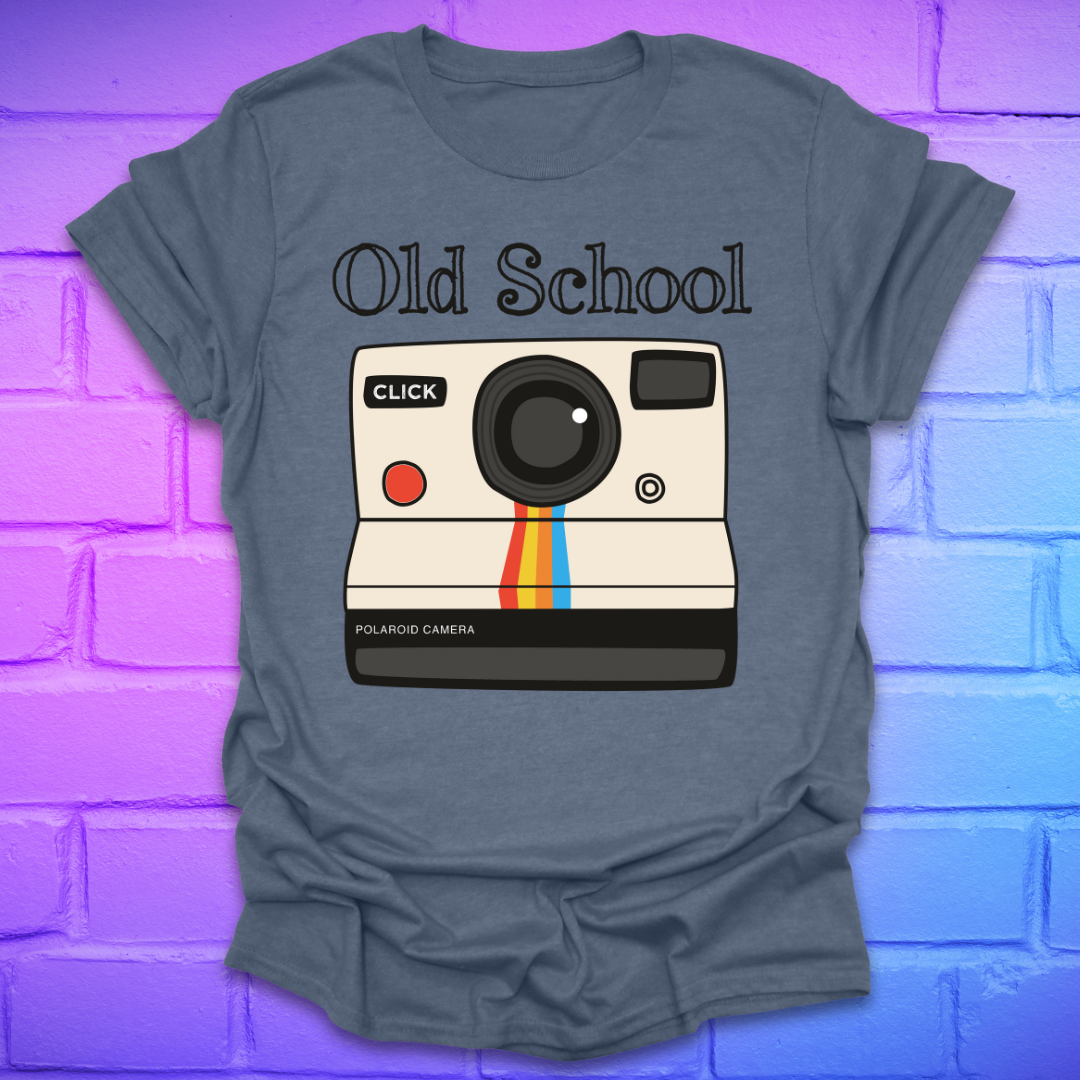 Indigo t-shirt with a graphic of an polaroid camera and 'Old School' text on a brick wall background.
