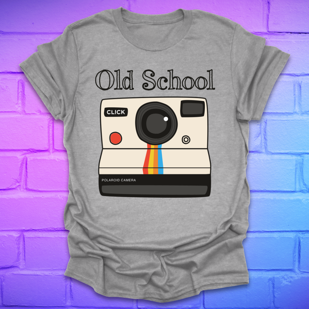Gray t-shirt with a graphic of an polaroid camera and 'Old School' text on a brick wall background.