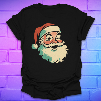 Black t-shirt with a vintage Santa Claus graphic on a brick wall background