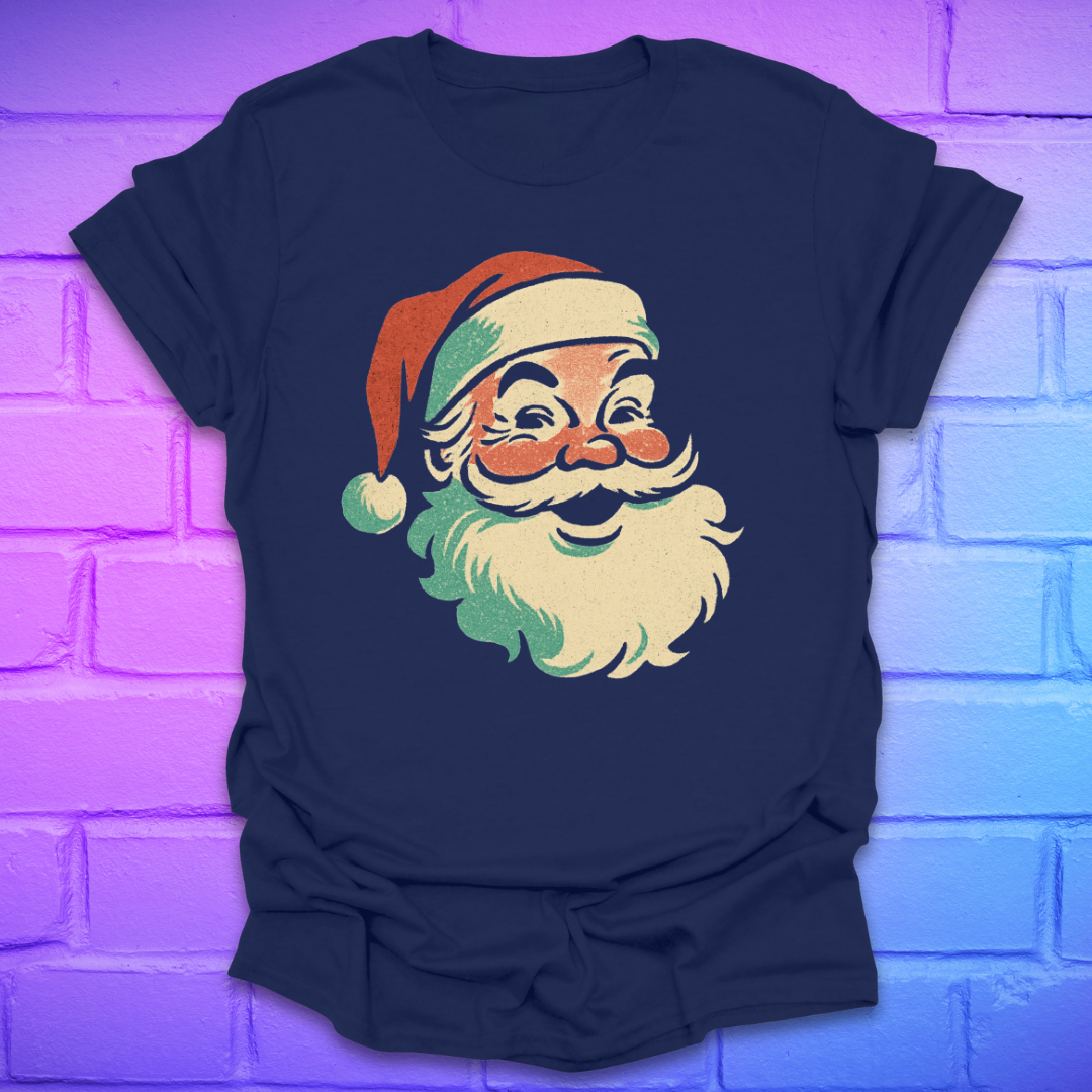 Navy blue t-shirt with a colorful Santa Claus graphic on a brick wall background