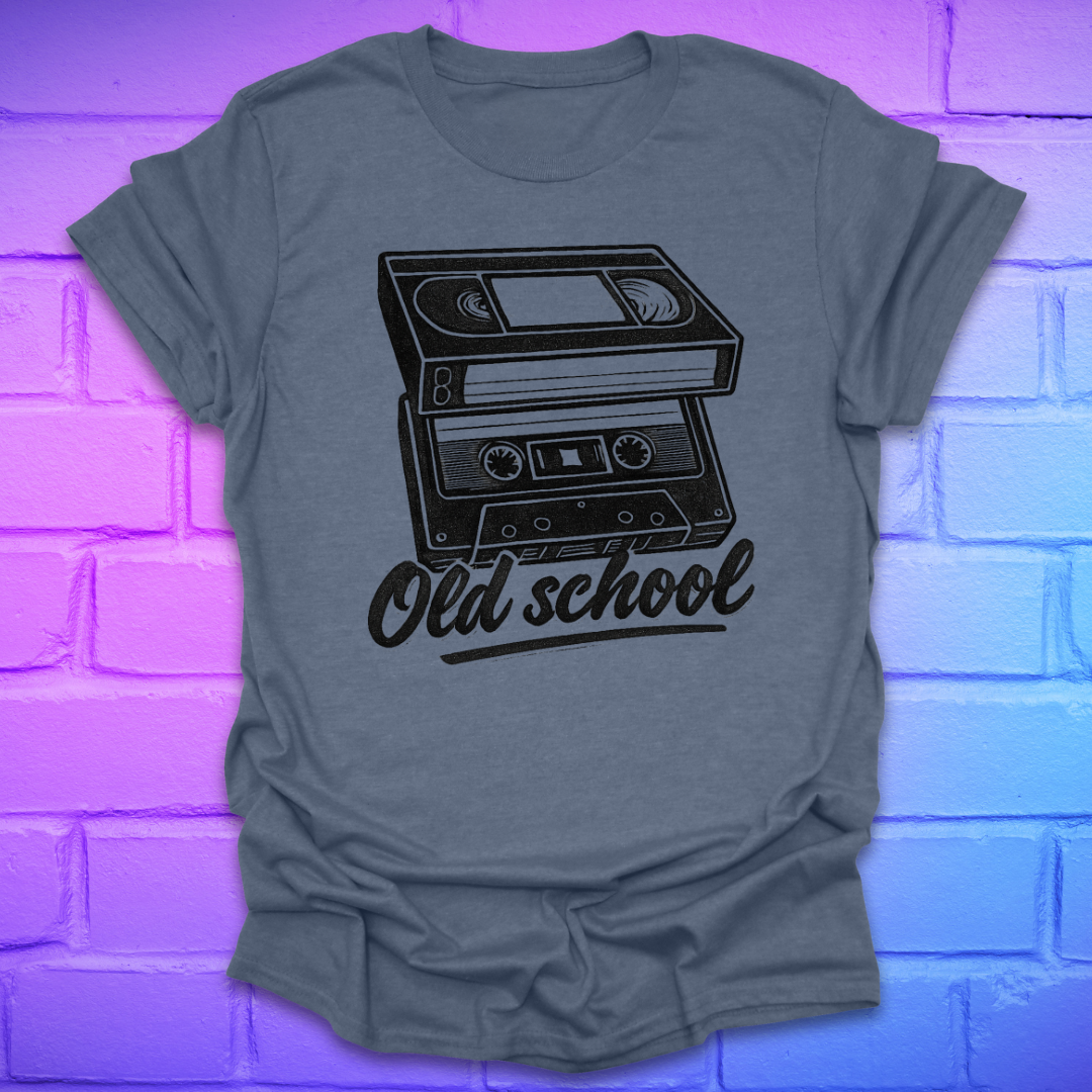 Gray t-shirt with a cassette tape graphic and 'Old school' text on a brick wall background