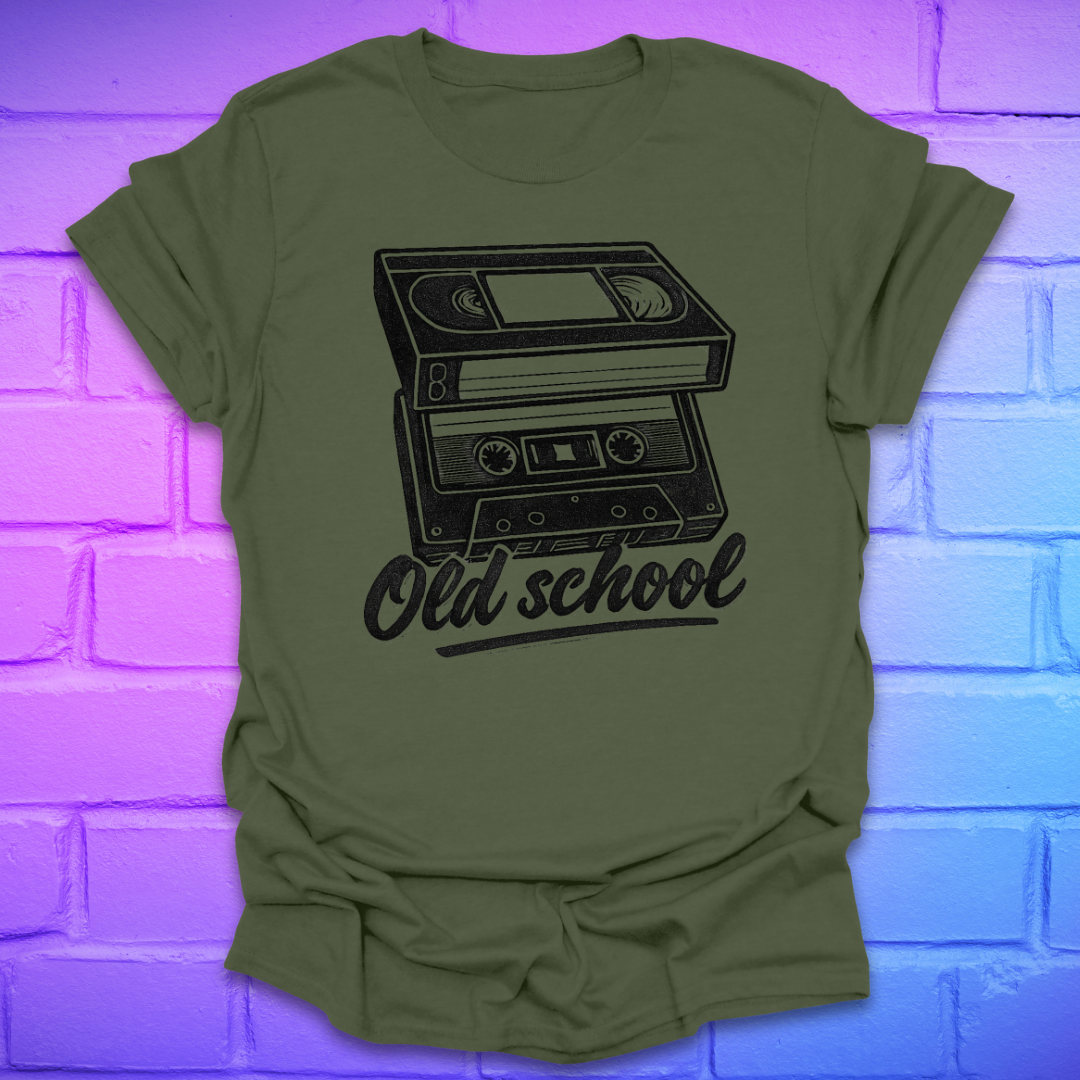 Green t-shirt with a cassette tape graphic and 'Old school' text on a brick wall background
