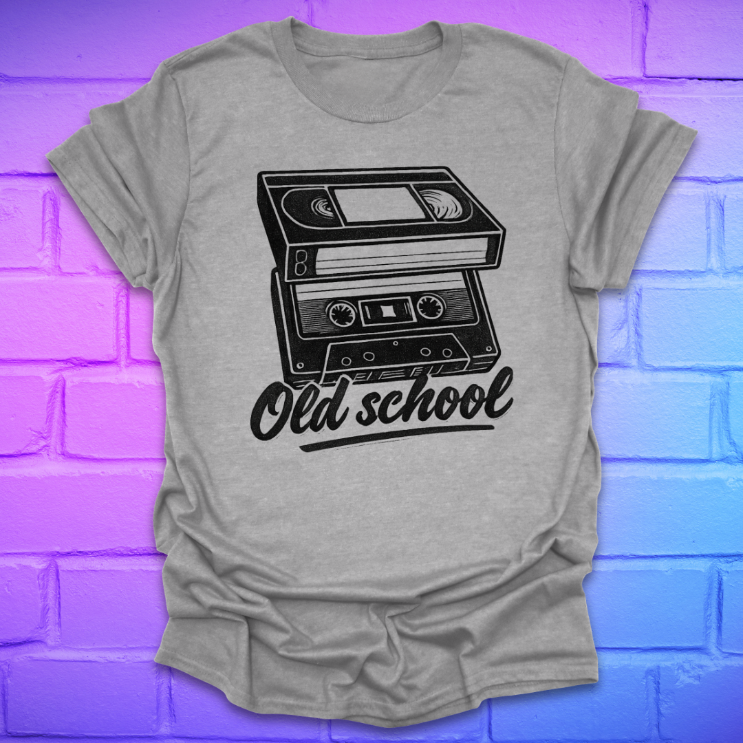 Gray t-shirt with a cassette tape graphic and 'Old school' text on a brick wall background