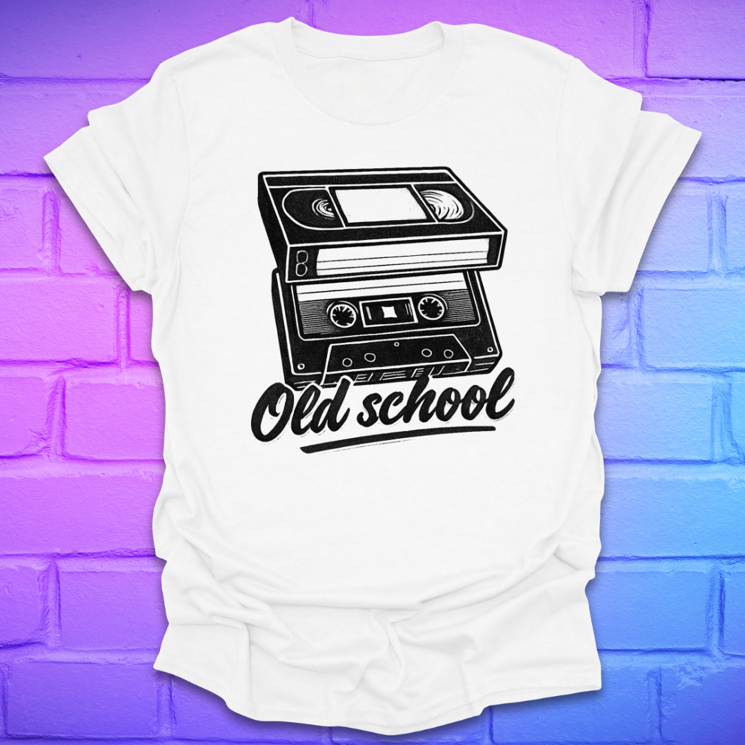 White t-shirt with a cassette tape graphic and 'Old school' text on a colorful brick wall background