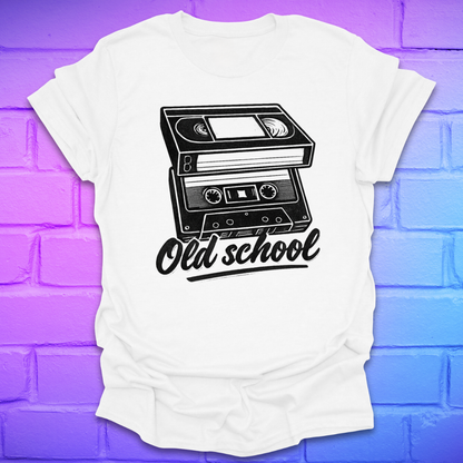White t-shirt with a cassette tape graphic and 'Old school' text on a colorful brick wall background