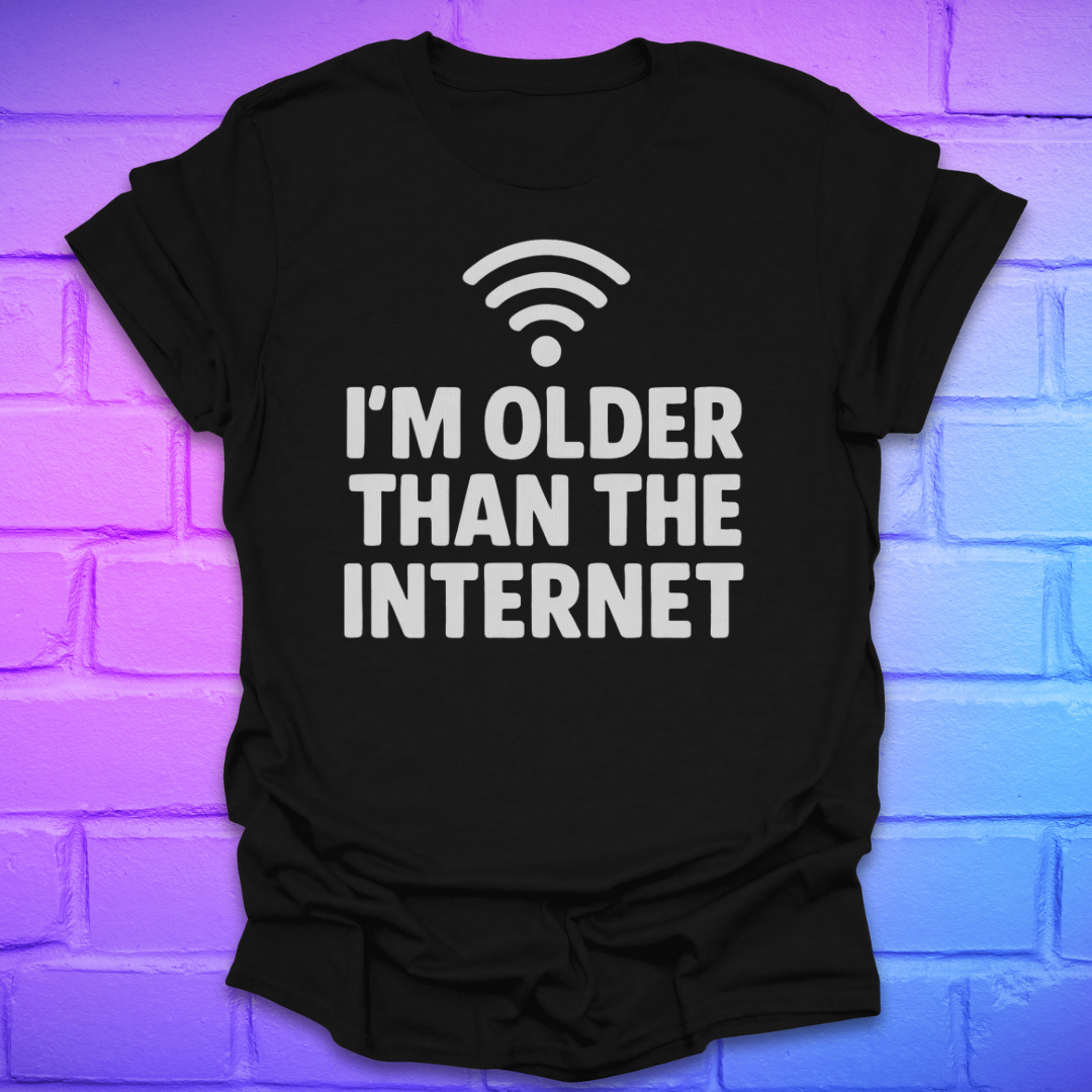 Black t-shirt with 'I'm older than the internet' text and Wi-Fi symbol on a brick wall background