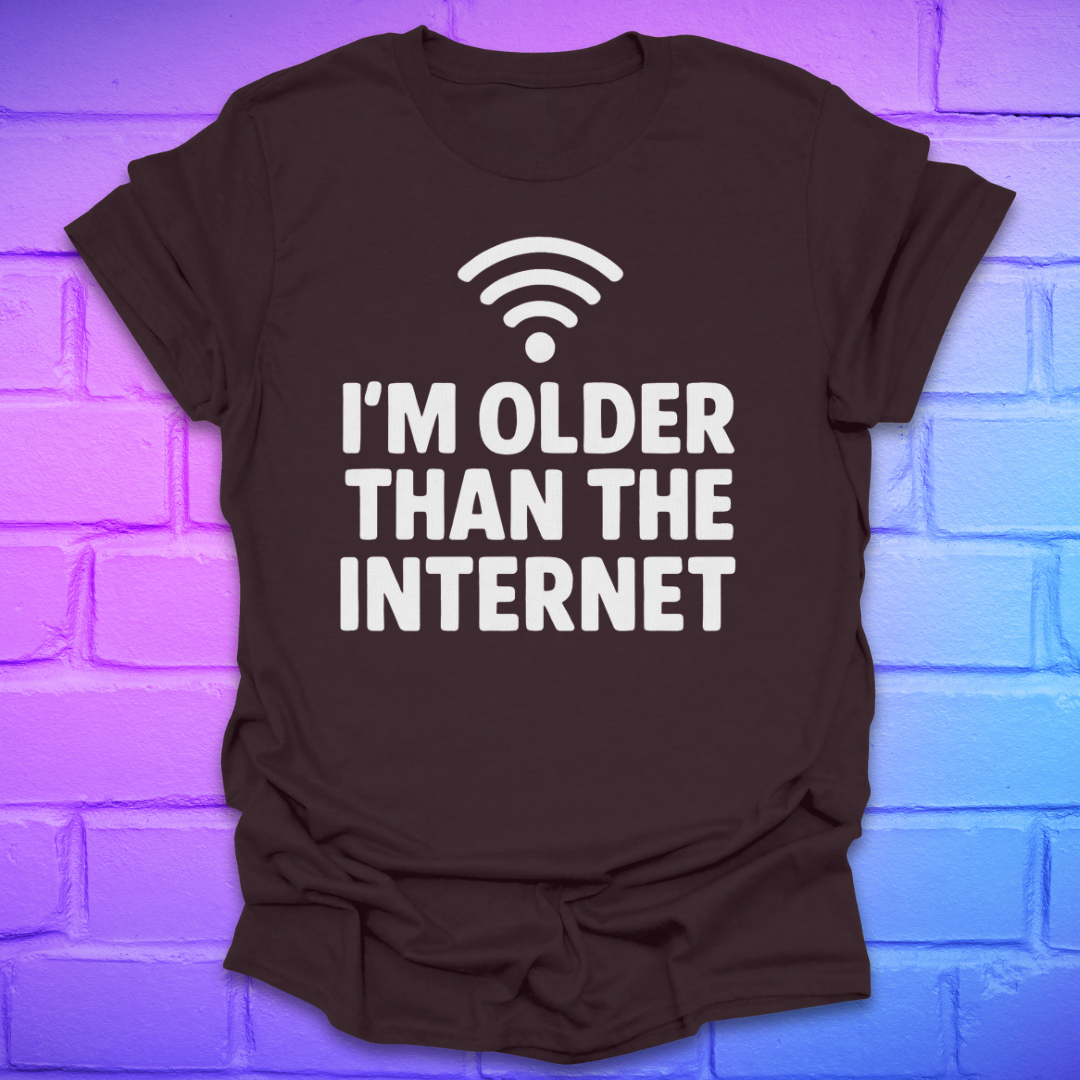 Brown t-shirt with 'I'm older than the internet' text and Wi-Fi symbol on a brick wall background