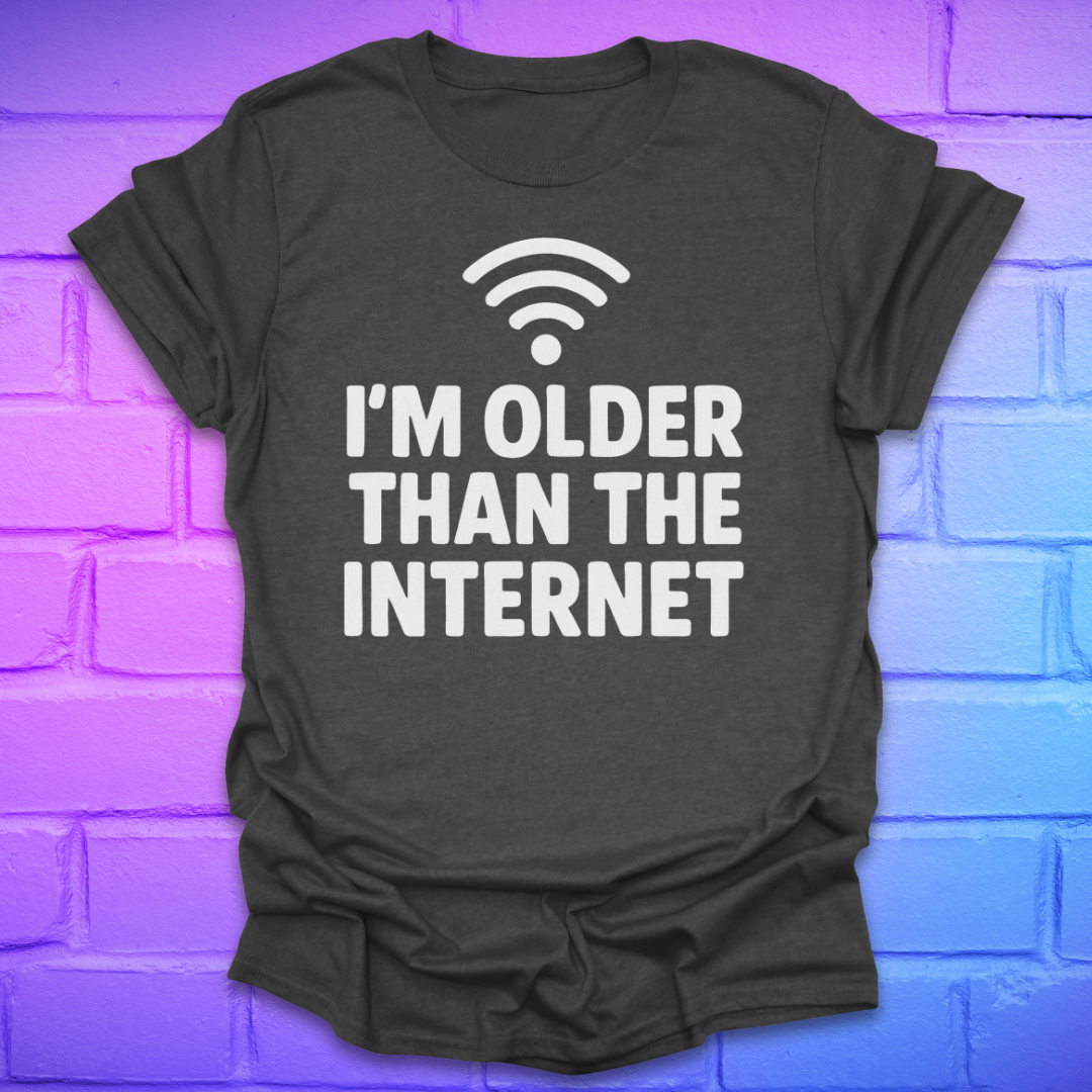 Dark gray t-shirt with 'I'm older than the internet' text on a brick wall background