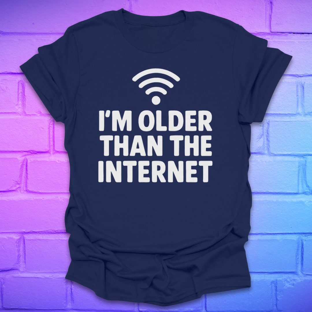 Navy blue t-shirt with 'I'm older than the internet' text and Wi-Fi symbol on a brick wall background.