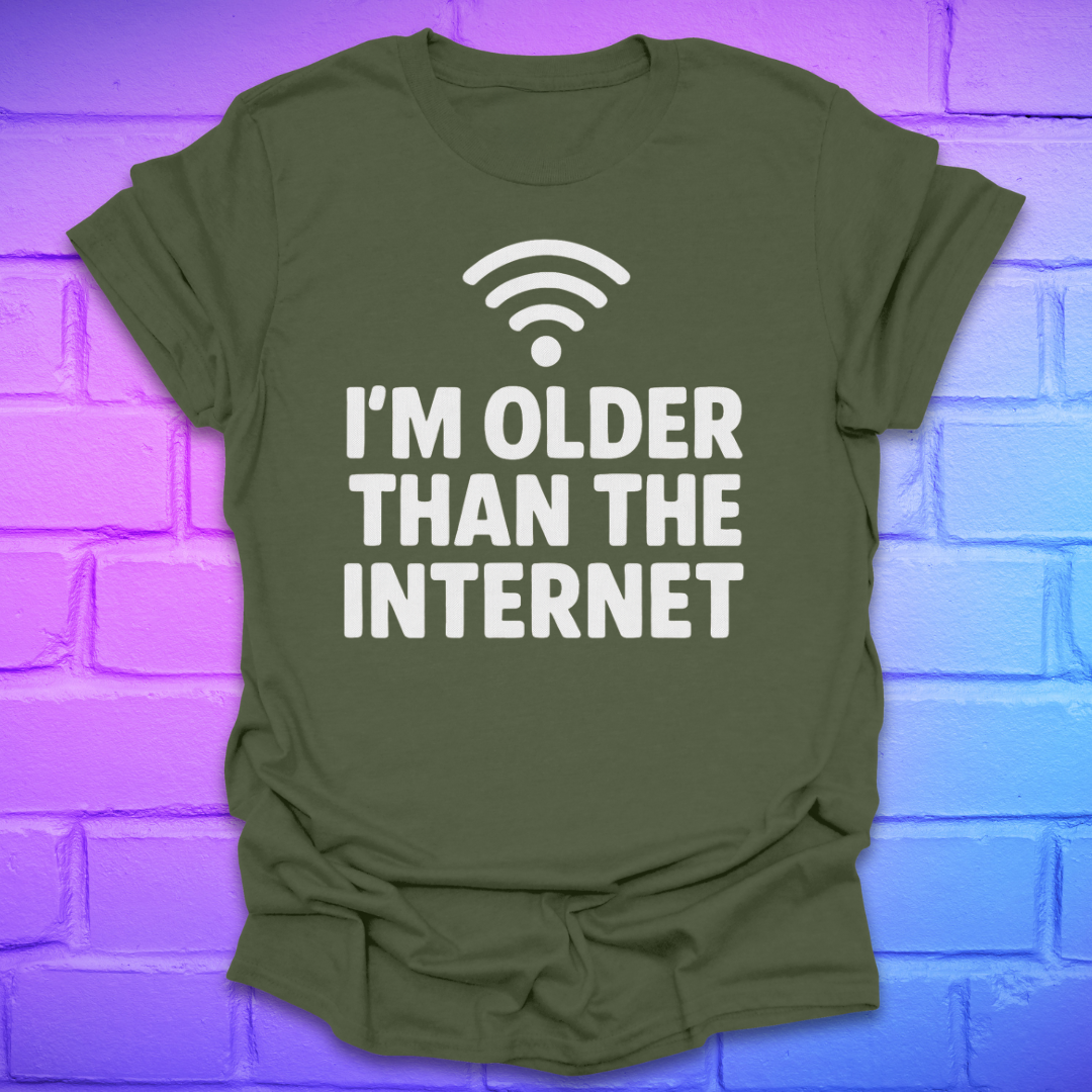 Green t-shirt with 'I'm older than the internet' text and Wi-Fi symbol on a brick wall background