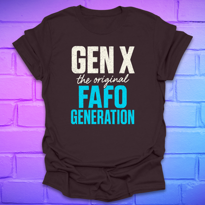 Brown t-shirt with text 'GEN X the original FAFO GENERATION' on a brick wall background