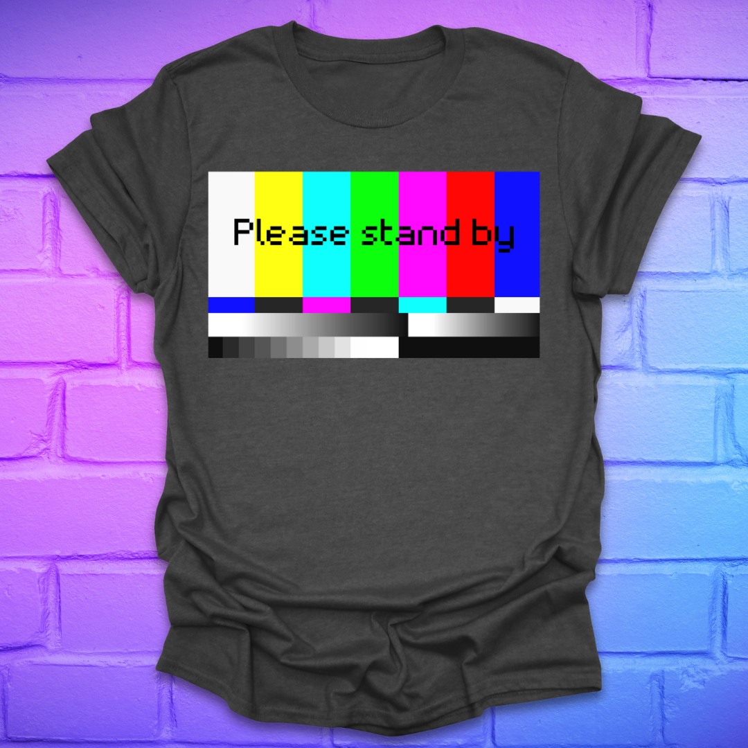 Gray t-shirt with a 'Please stand by' graphic on a brick wall background