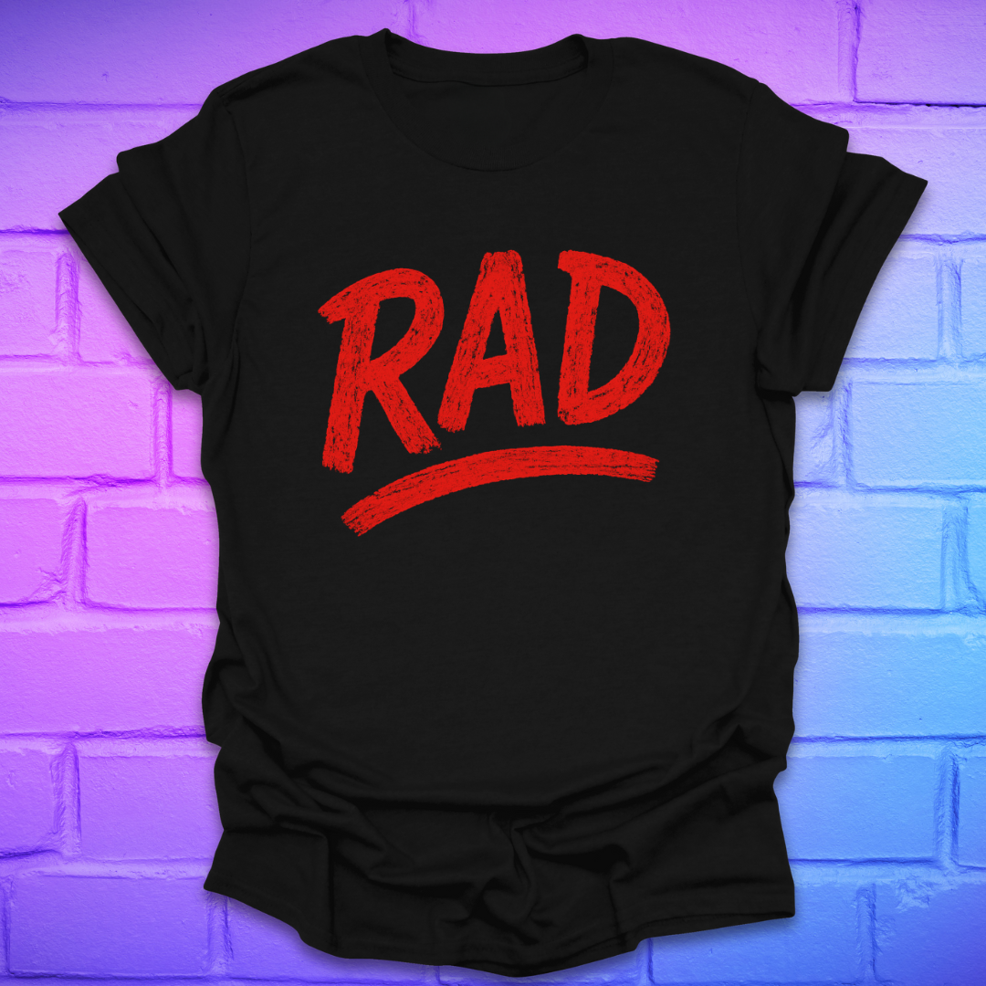 Black t-shirt with red 'RAD' text on a brick wall background